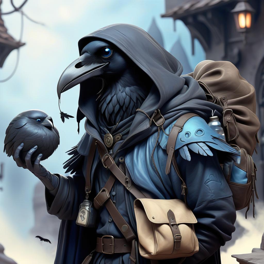  ethereal fantasy concept art of black with blue tint humanoid with raven head alchemist, rags and leather cloak with lots of pockets, tourist back pack bag with pockets, bomb in hand . magnificent, celestial, ethereal, painterly, epic, majestic, magical, fantasy art, cover art, dreamy