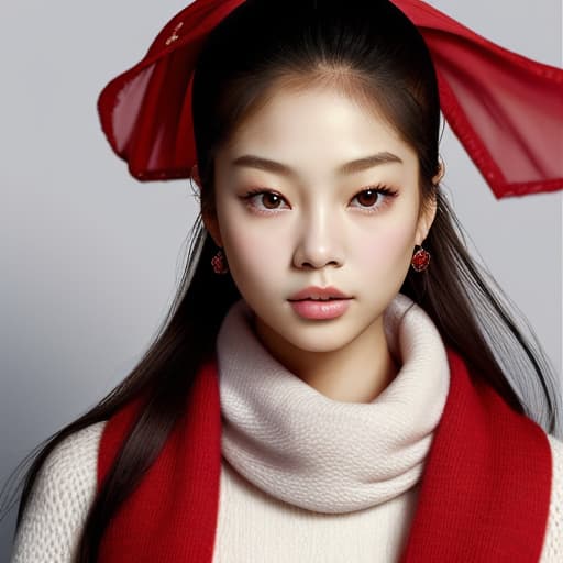  (--Style Photoralism, Jennie Kim),(full body::1) a close up of a woman with a red scarf on, blackpink jennie, popular south korean makeup, portrait of female korean idol, popular korean makeup, beautiful south korean woman, harpers bazaar, harper's bazaar, beautiful oriental woman, korean face features, dior campaign, korean audrey hepburn, vogue journal cover, inspired by Zhang Shuqi, detailed face of a asian girl