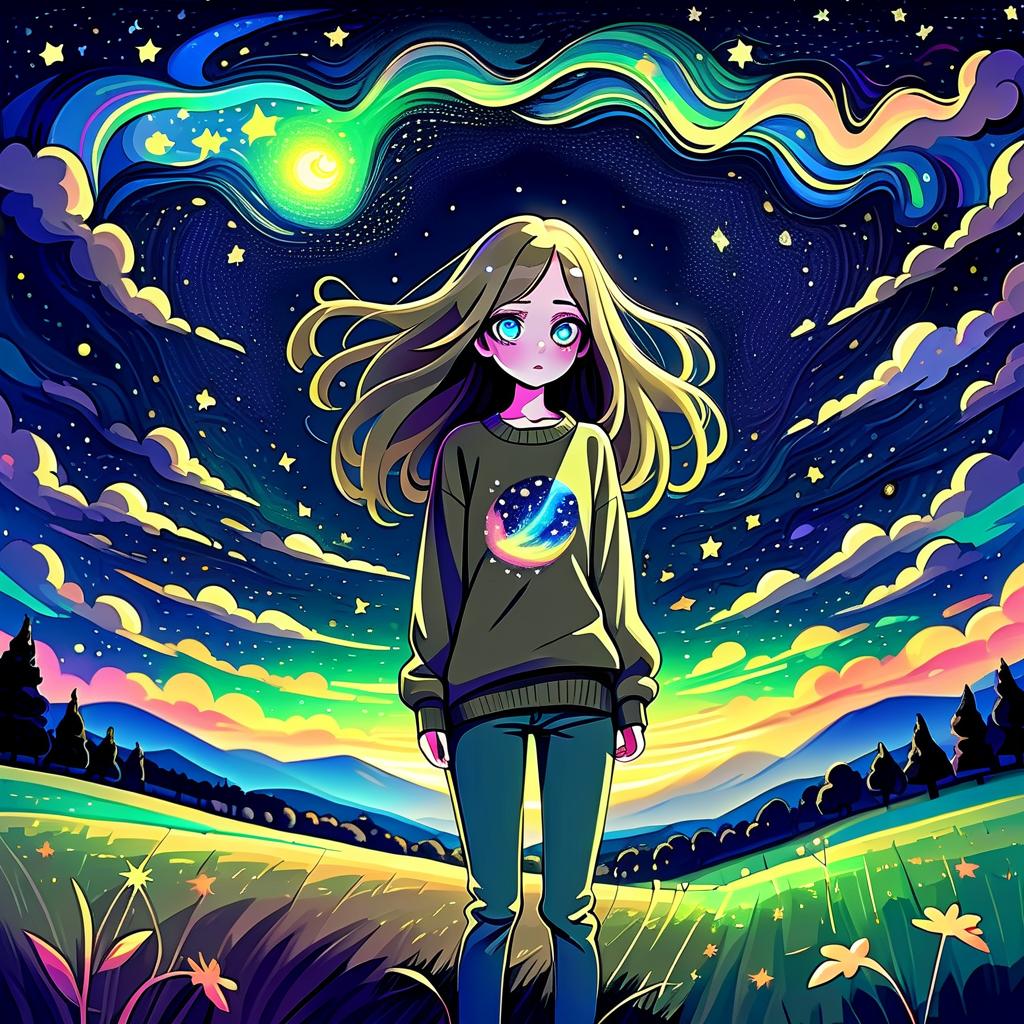  psychedelic style a girl in anime style with long hair stands in the middle of the field at night wearing a khaki sweater and pants. the girl looks at the starry sky at night, her eyes of a specific color are full of fear of the unknown and curiosity. she reaches for the night sky. . vibrant colors, swirling patterns, abstract forms, surreal, trippy