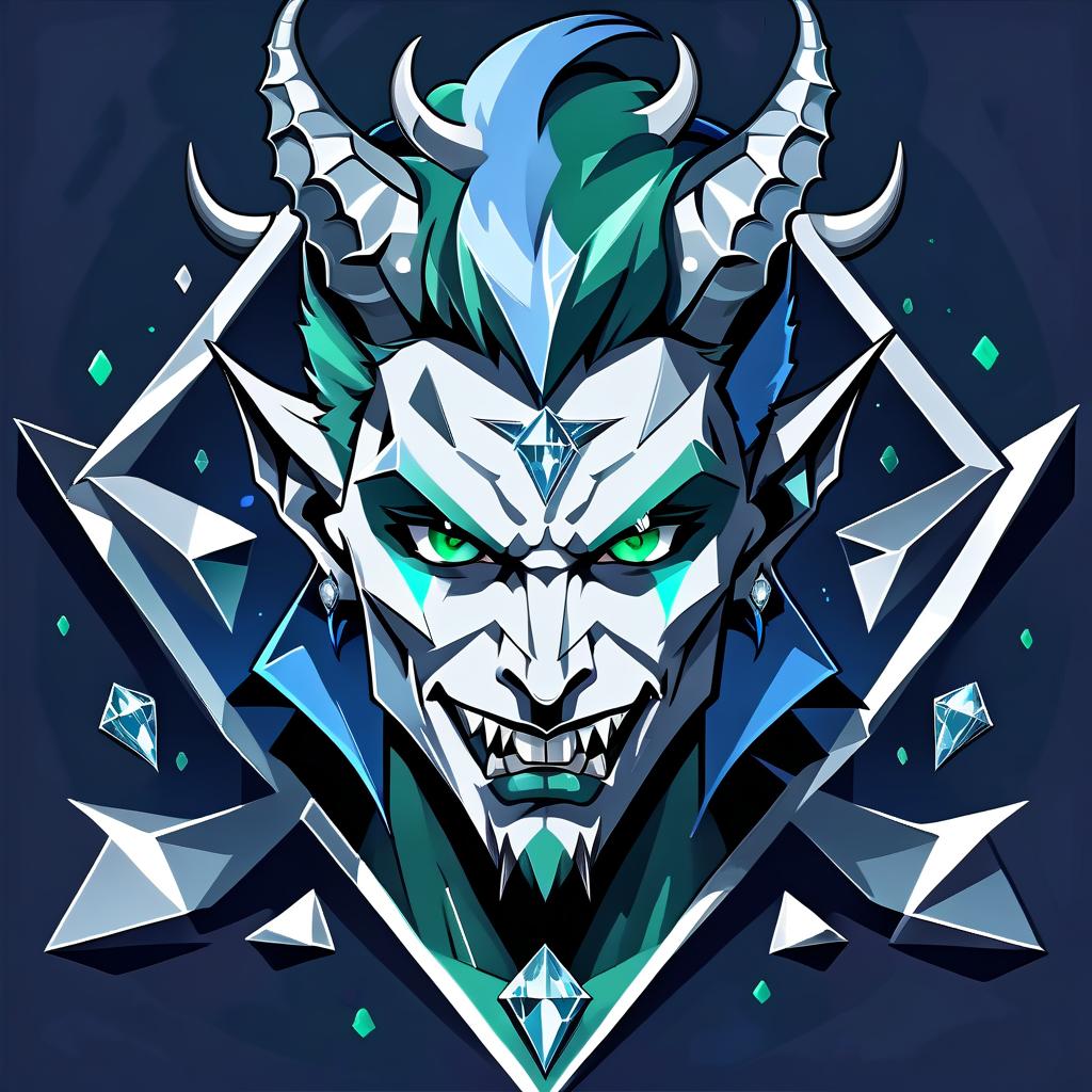  minimalist style diamond devil, portrait. dark green eyes, man. kind. hair gray. with fangs and horns. colors blue, blue, silver . simple, clean, uncluttered, modern, elegant