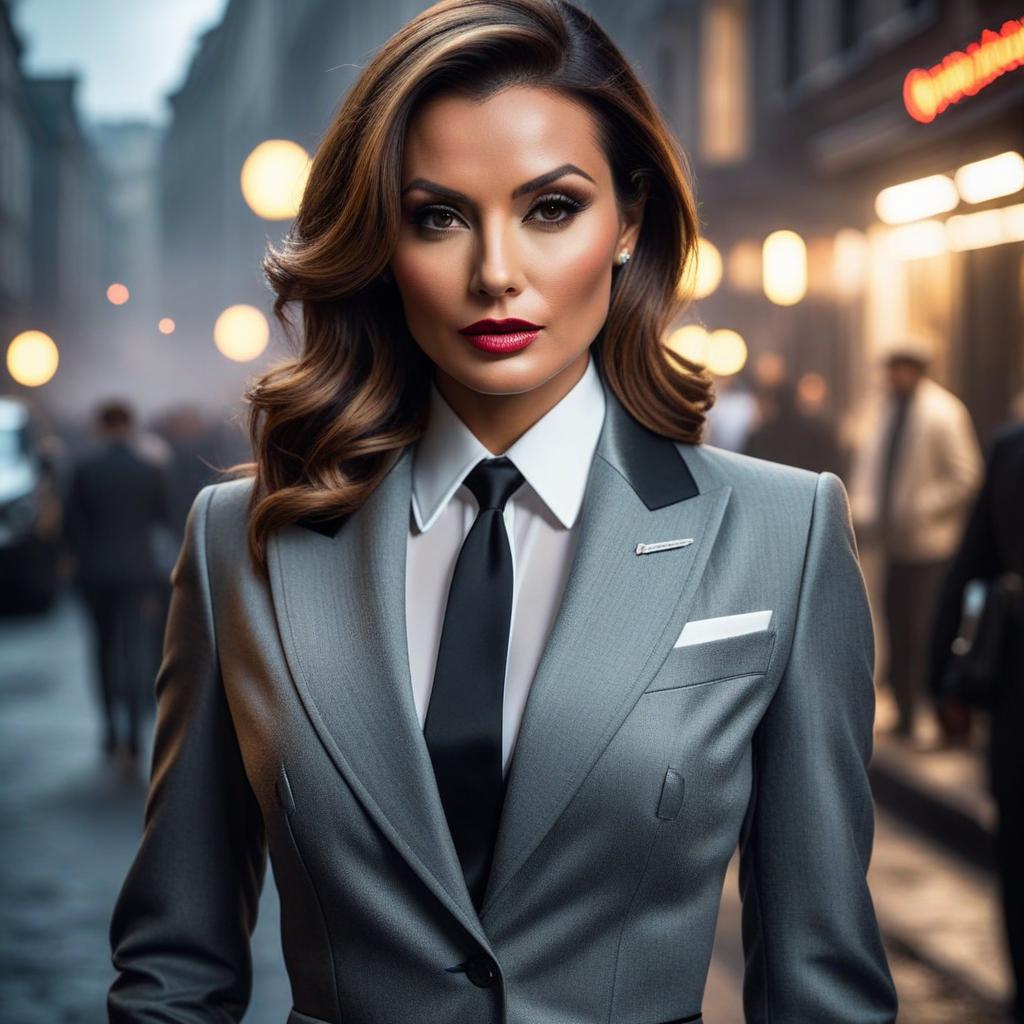  a visually astounding parody, depicting a glorious woman posing in a classic james bond like suit, with her ample décolletage on display. the high contrast, black and white portrait should capture her sultry gaze and confident posture. shot with a hasselblad h6d 400c and an 80mm f/2.8 lens for a timeless feel. hyperrealistic, full body, detailed clothing, highly detailed, cinematic lighting, stunningly beautiful, intricate, sharp focus, f/1. 8, 85mm, (centered image composition), (professionally color graded), ((bright soft diffused light)), volumetric fog, trending on instagram, trending on tumblr, HDR 4K, 8K