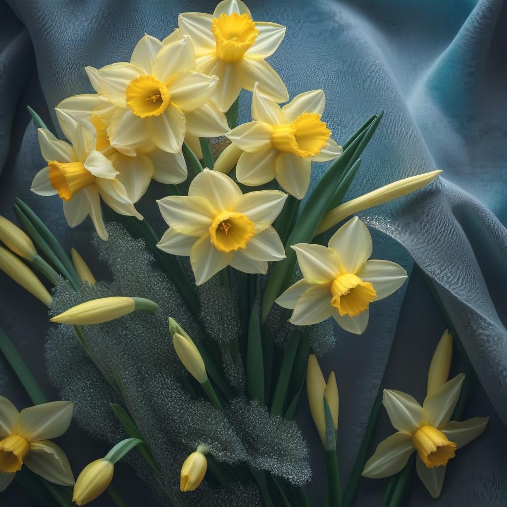  A bouquet of daffodils hyperrealistic, full body, detailed clothing, highly detailed, cinematic lighting, stunningly beautiful, intricate, sharp focus, f/1. 8, 85mm, (centered image composition), (professionally color graded), ((bright soft diffused light)), volumetric fog, trending on instagram, trending on tumblr, HDR 4K, 8K