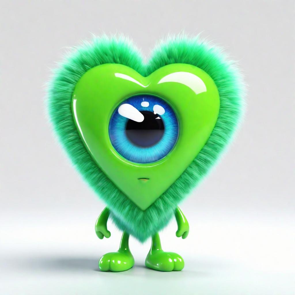  as a render, Adorable, eye-catching 3D rendering of a fluffy cute bright green with blue spots heart character. He has glossy white eyes with bigblack pupils. The overall design is perfect for those who appreciate adorable, unique and eye-catching digital art. On a white background, --no illustration --niji 6