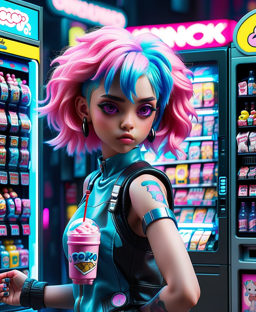  hyperrealistic art anime girl with pink and blue hair on the background of a vending machine with funko pop figurines in the city of the future neon cyberpunk with a casino chip in hand . extremely high resolution details, photographic, realism pushed to extreme, fine texture, incredibly lifelike