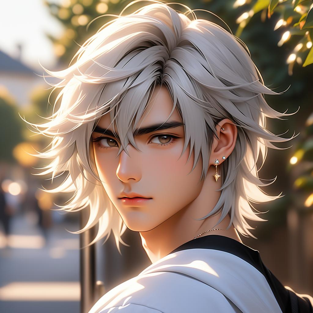  masterpiece, top quality, best quality, official art, beautiful and aesthetic anime art very beautiful asian male straight hair, white shoulder length hair, pale skin. grey eyes. eyebags. long dark lashes. diamond shaped face. sharp jawline. thin lips. slightly muscular. low soft angled eyebrows. soft muscles. greek nose. tongue piercing. industrial piercing. lobe piercing. low set cheekbones. helix piercing. golden hour college boy. college background, award winning, professional, highly detailed, masterpiece