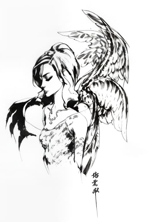  tattoo sketch, inscriptions, black and white drawing, outline, sketch, draft, girl, wings, inscriptions, simple, clean, elegant, by Michael Kenna, Hiroshi Sugimoto, Fan Ho, Harry Callahan, Saul Leiter hyperrealistic, full body, detailed clothing, highly detailed, cinematic lighting, stunningly beautiful, intricate, sharp focus, f/1. 8, 85mm, (centered image composition), (professionally color graded), ((bright soft diffused light)), volumetric fog, trending on instagram, trending on tumblr, HDR 4K, 8K