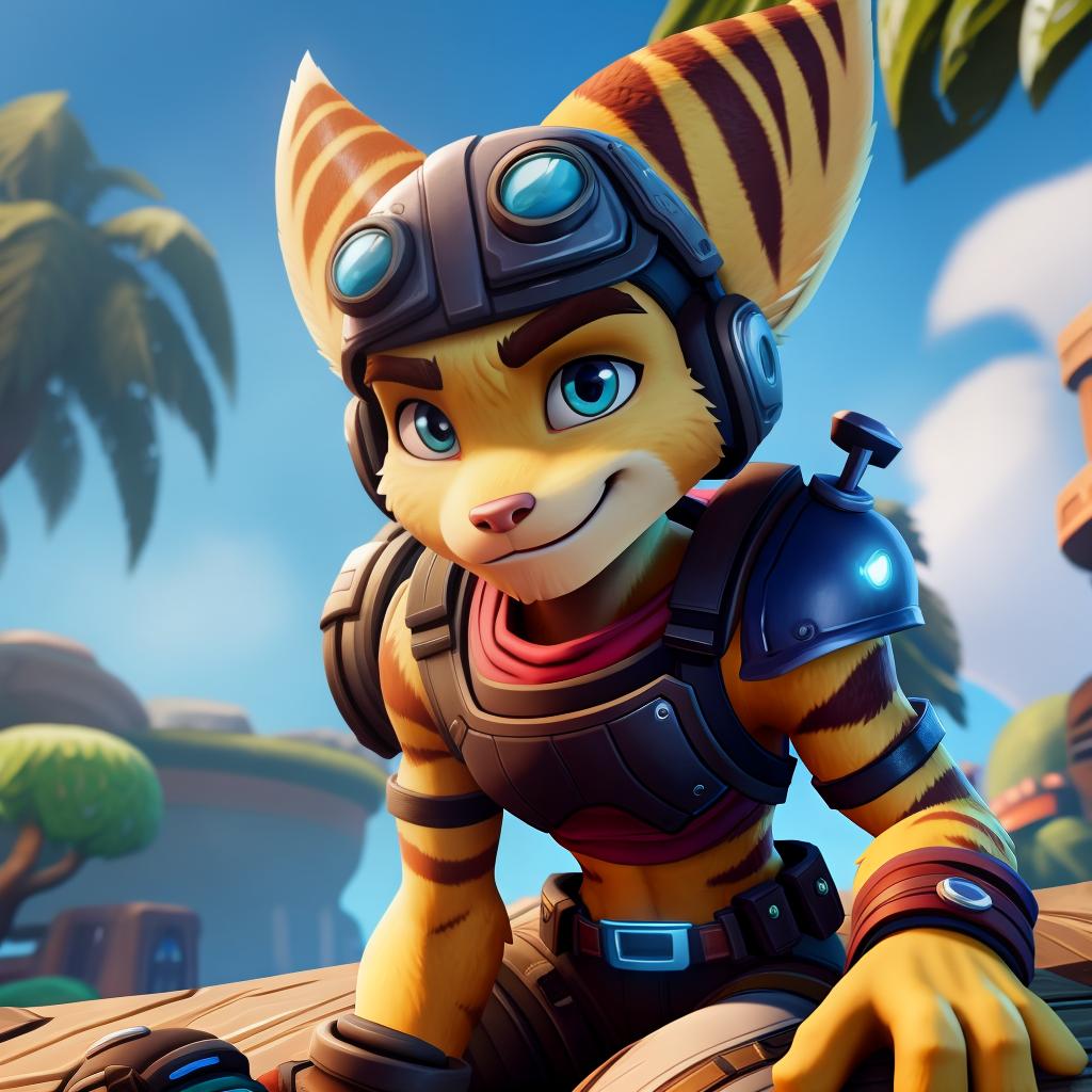  Ratchet and clank (insomniac, fortnite), full body, gloves, open eyes, masterpiece, 4k, fine details,