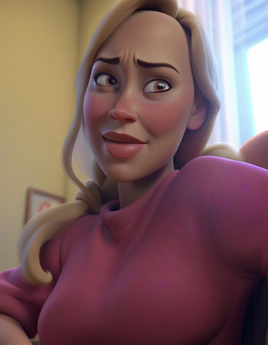  professional 3d model image in the style of pixar cartoons. the woman's face remains unchanged, as in the original photo. modest smile. plump lips. black eyes. add image contrast. . octane render, highly detailed, volumetric, dramatic lighting