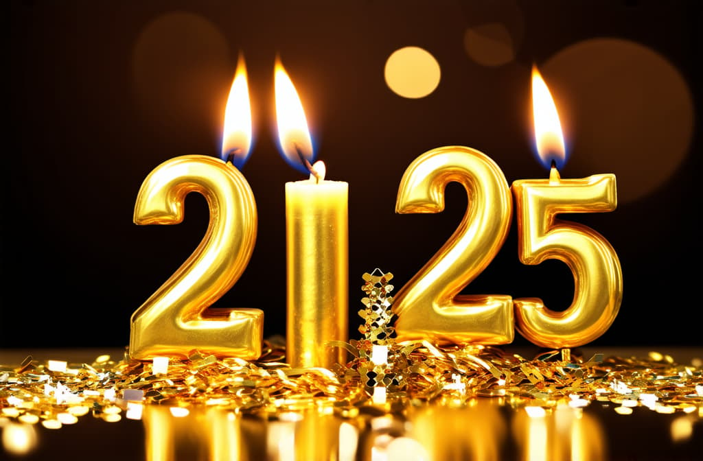  golden candles 2025 on a golden festive new year background with bokeh and confetti ar 3:2 {prompt}, maximum details