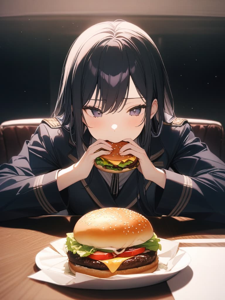  long black hair, beautiful, uniform, hamburger, eating, masterpiece, best quality,8k,ultra detailed,high resolution,an extremely delicate and beautiful,hyper detail