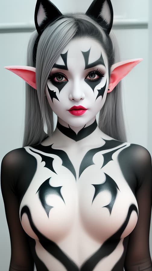  Black and White bat-shaped body paint in every corner of the whole body, grey body paint all over the body, grey face paint on the face, elf,full body image female