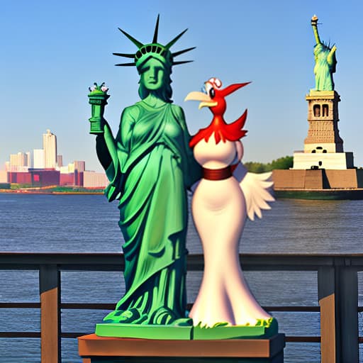  foghorn leghorn and his female counterpart hugging with The Statue of Liberty in the background