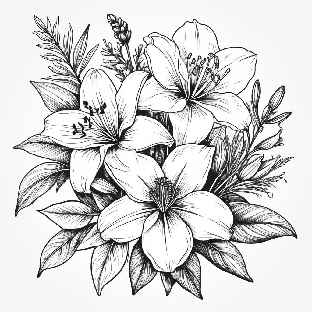  line art drawing lily, rose, larkspur, poppy, and narcissus in a bouquet with stems fine line small black and white tattoo. professional, sleek, modern, minimalist, graphic, line art, vector graphics