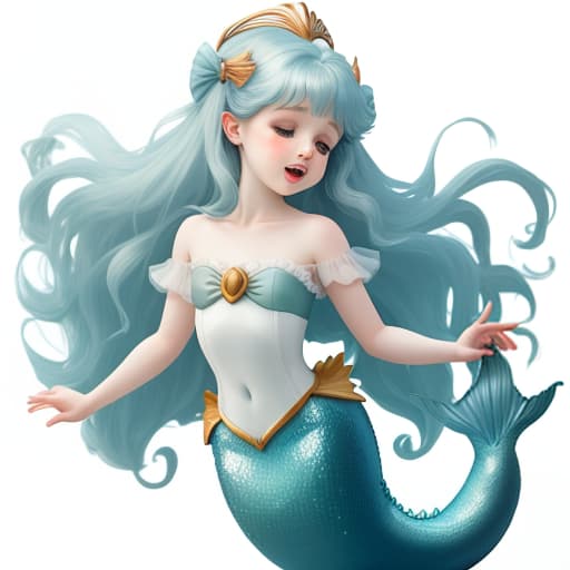  little mermaid girl singing, lyra in hands, white background