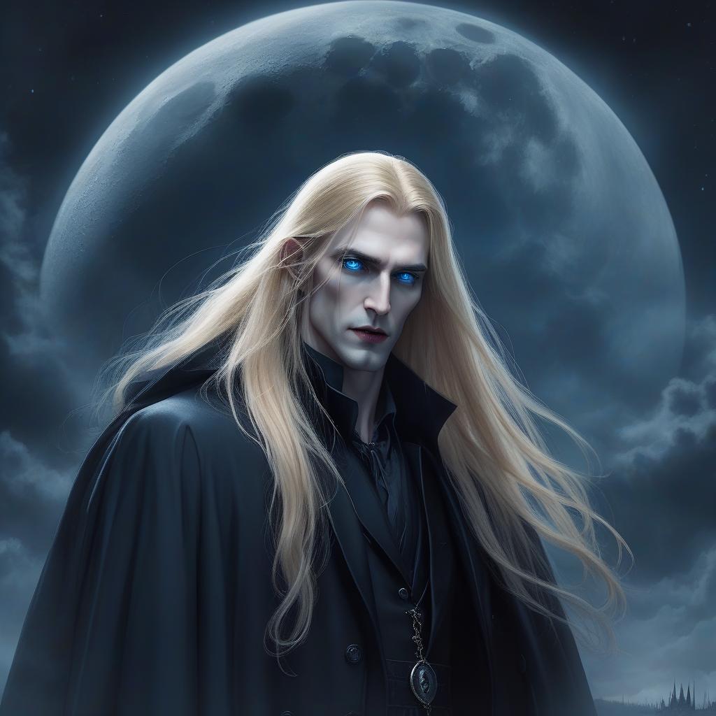  dreamscape a man, long blonde hair, blue eyes, hungry look, long nose, black coat, moon, full height, night, vampire . surreal, ethereal, dreamy, mysterious, fantasy, highly detailed