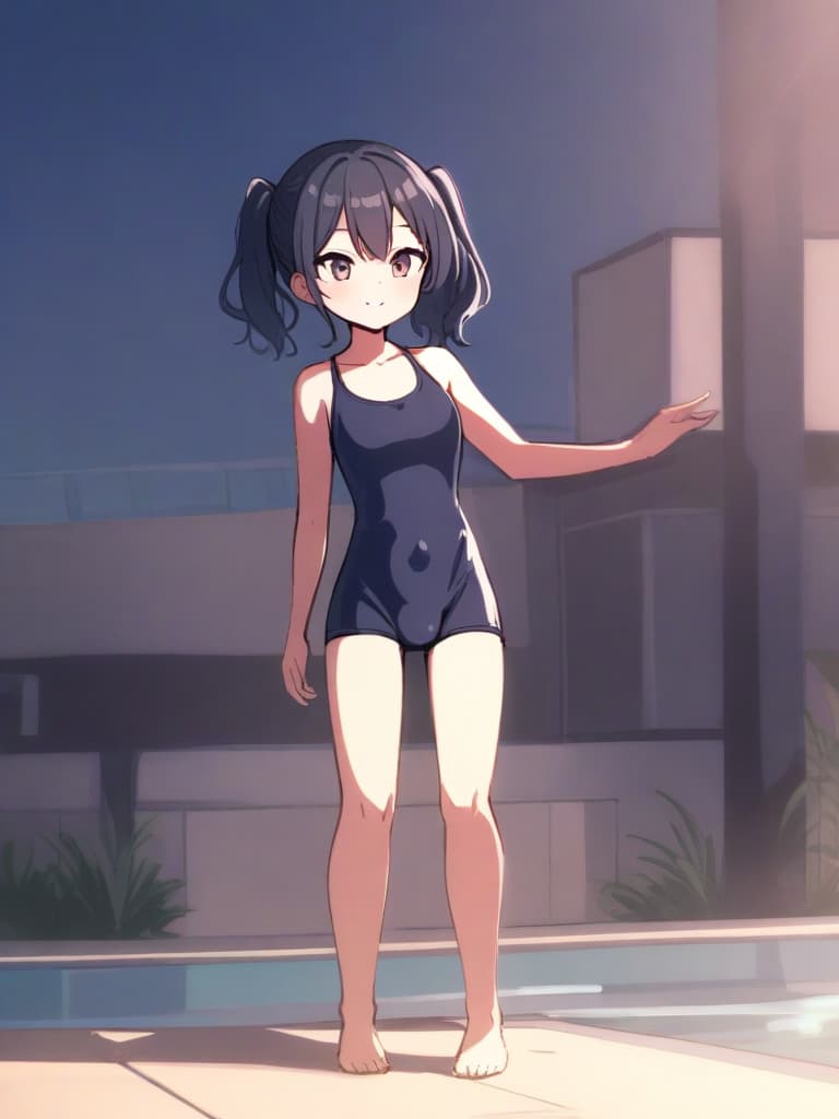  women's elementary students (male), twin tails, cute smiles, (rich s), low stature, dark blue swimwear, old swimwear, , simple, (upward), , (bulge), front, whole body, pool side. ,,,