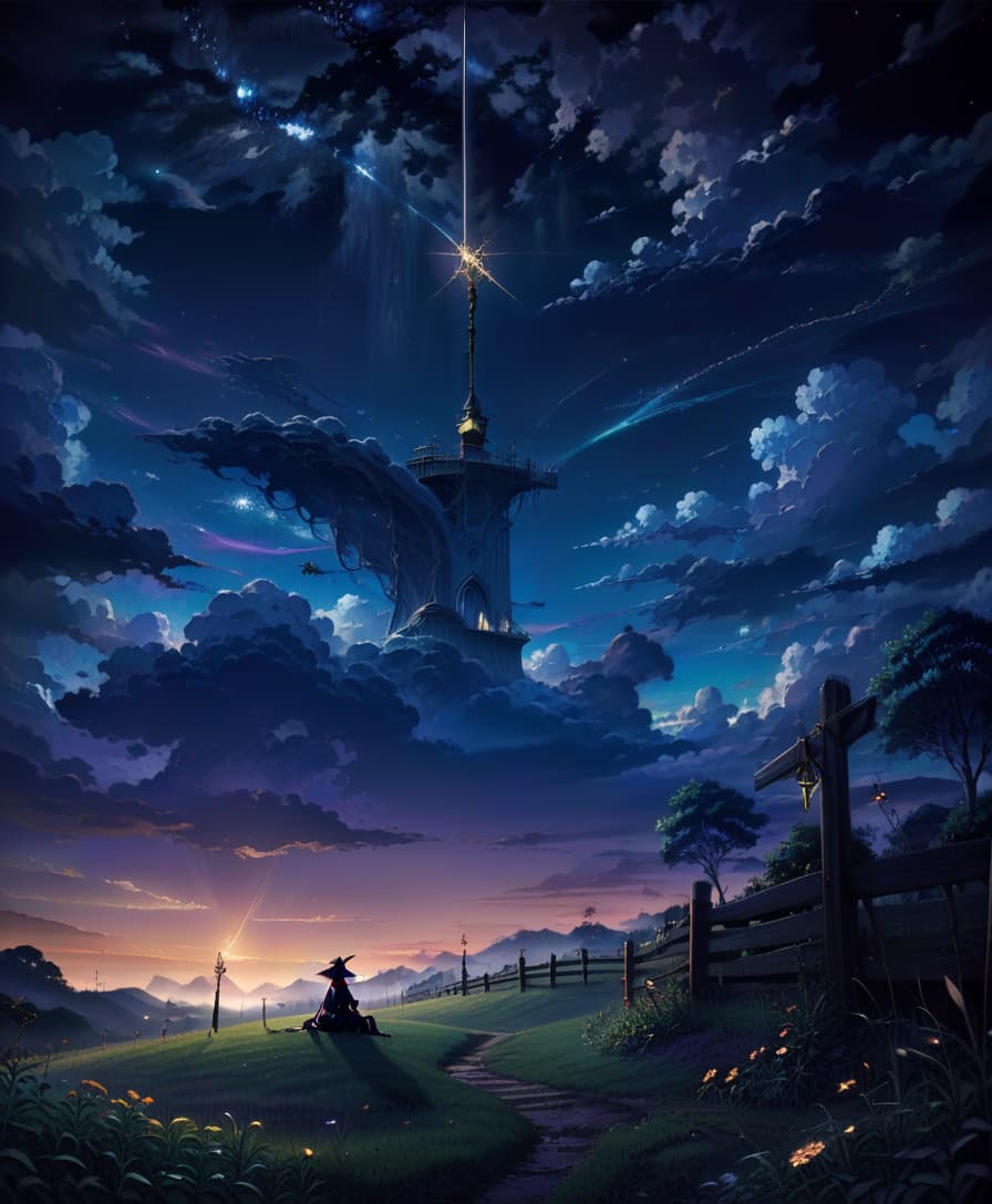  anime artwork night landscape, starry sky, dark, meadow at the bottom of the frame, witch in the right corner of the frame, sitting with her back to the viewer, sitting on a fence, magic, witchcraft, surrealism, magic wand . anime style, key visual, vibrant, studio anime, highly detailed, civitai, oil painting