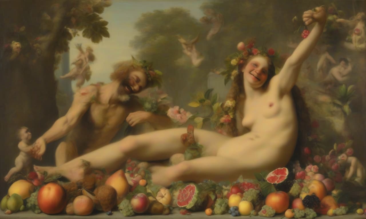  smiling naked with flowers and fruits with arms outstretched sitting next to faun and satire