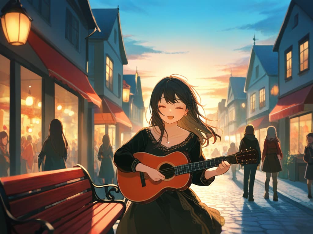  woman,long hair,bards,dress,fantasy,town,bright atmosphere,sit on a bench,lively,holding the lute,singing,eyes closed,calm expression,spectators all around,evening,european style,bustling city,hand drawn style