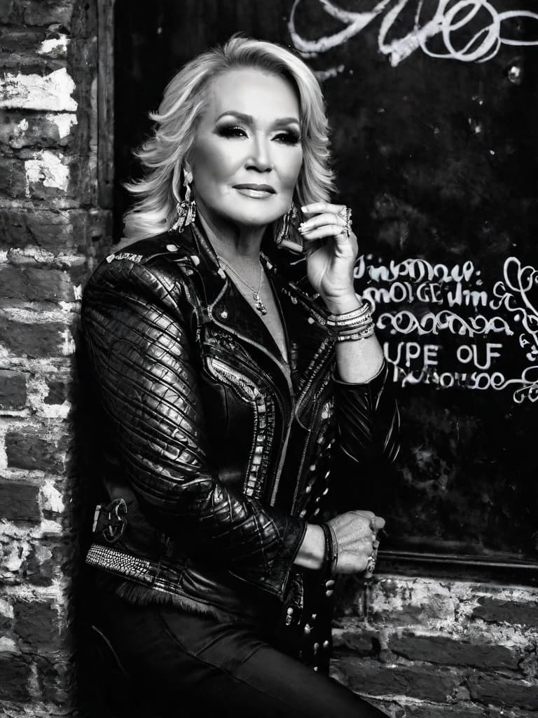  A younger country singer Tanya Tucker, medium shot, upper body, spotlight, long exposure lighting, street art style spray paint, glamour lighting