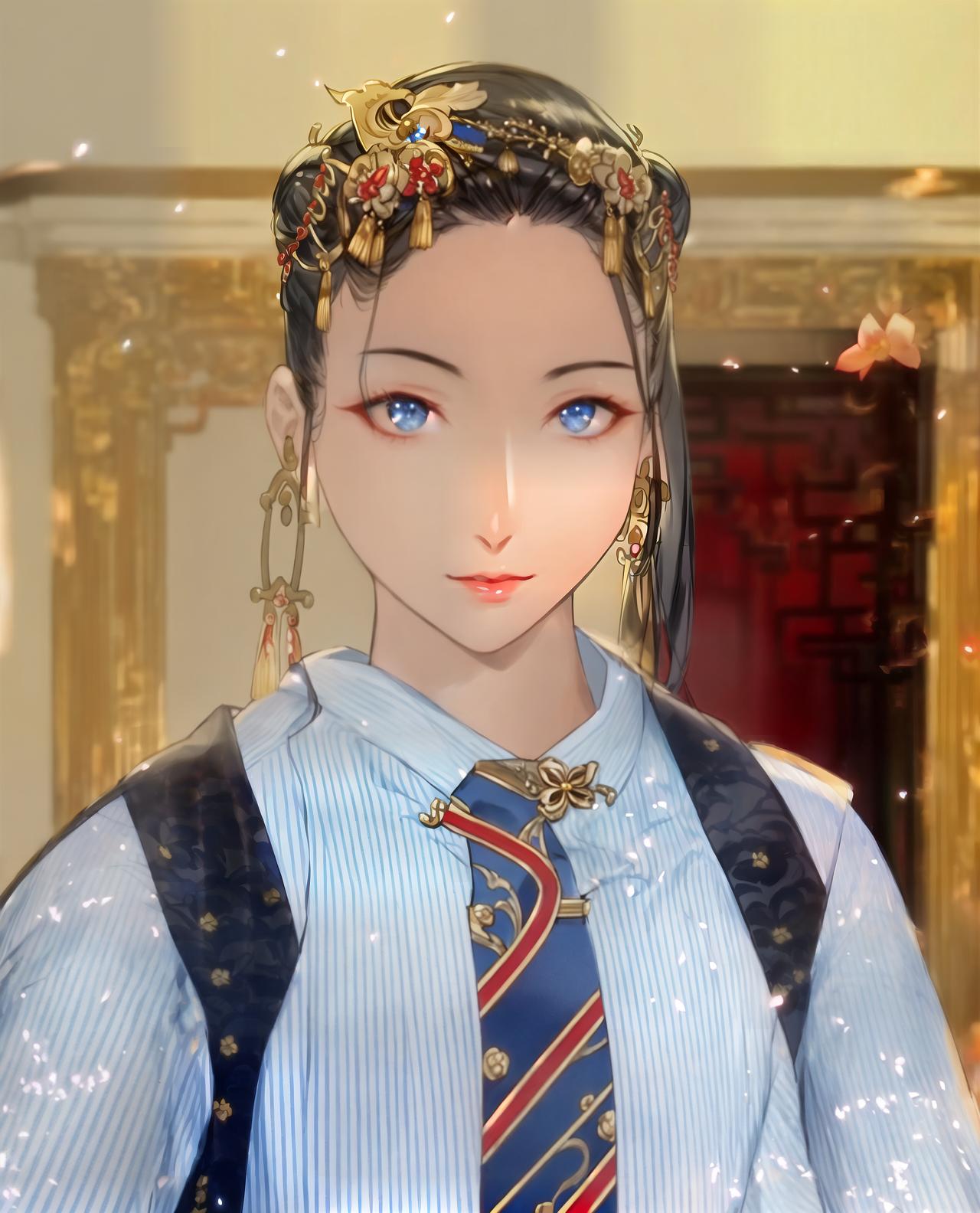  china like scenery, sauce, black hair, hair short, shiraki lotus, aristocratic, blue and black kimonos, blue eyes, one person, masterpiece, best quality,8k,ultra detailed,high resolution,an extremely delicate and beautiful,hyper detail hyperrealistic, full body, detailed clothing, highly detailed, cinematic lighting, stunningly beautiful, intricate, sharp focus, f/1. 8, 85mm, (centered image composition), (professionally color graded), ((bright soft diffused light)), volumetric fog, trending on instagram, trending on tumblr, HDR 4K, 8K