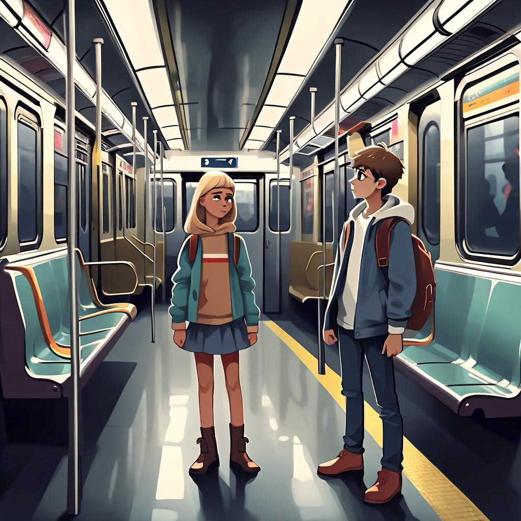  the boy and the girl are standing in the subway car and looking in different directions, there are no more people in the car.