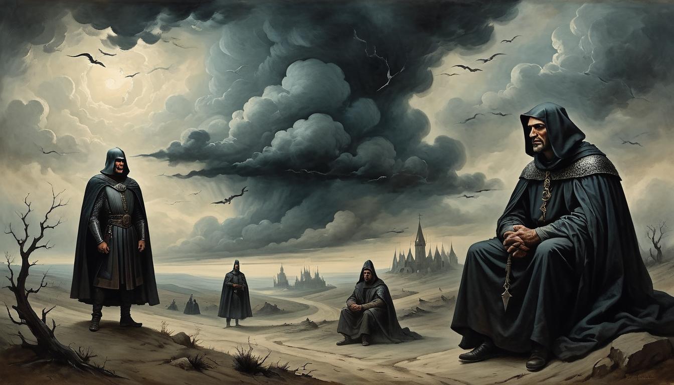  on parchment, surrealism+++, figures with satisfied expressions, dark clouds overhead, contrasting light highlighting inner conflict, sense of justification(mysterious, provocative, symbolic,muted color)+++