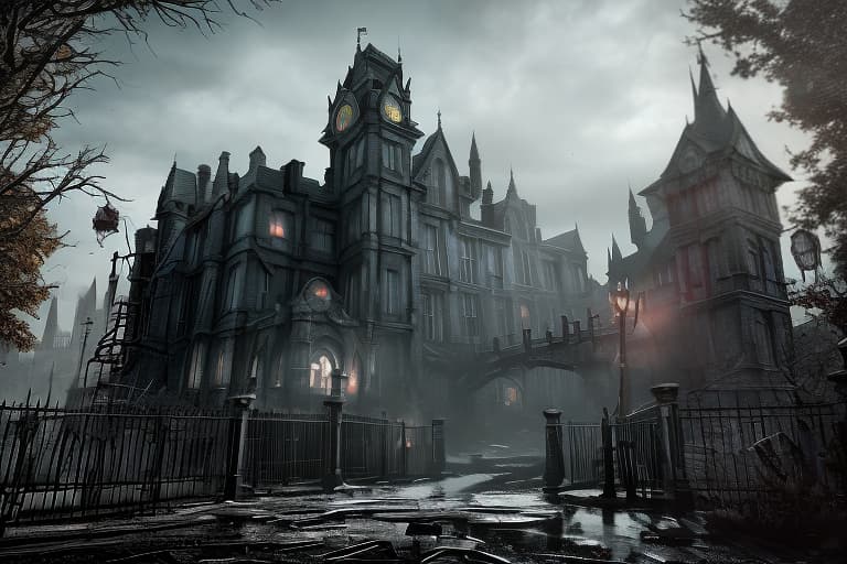 redshift style Arkham Asylum* Create a street view image of Arkham Asylum's entrance, showcasing its imposing gothic architecture, iron gates, and eerie atmosphere.