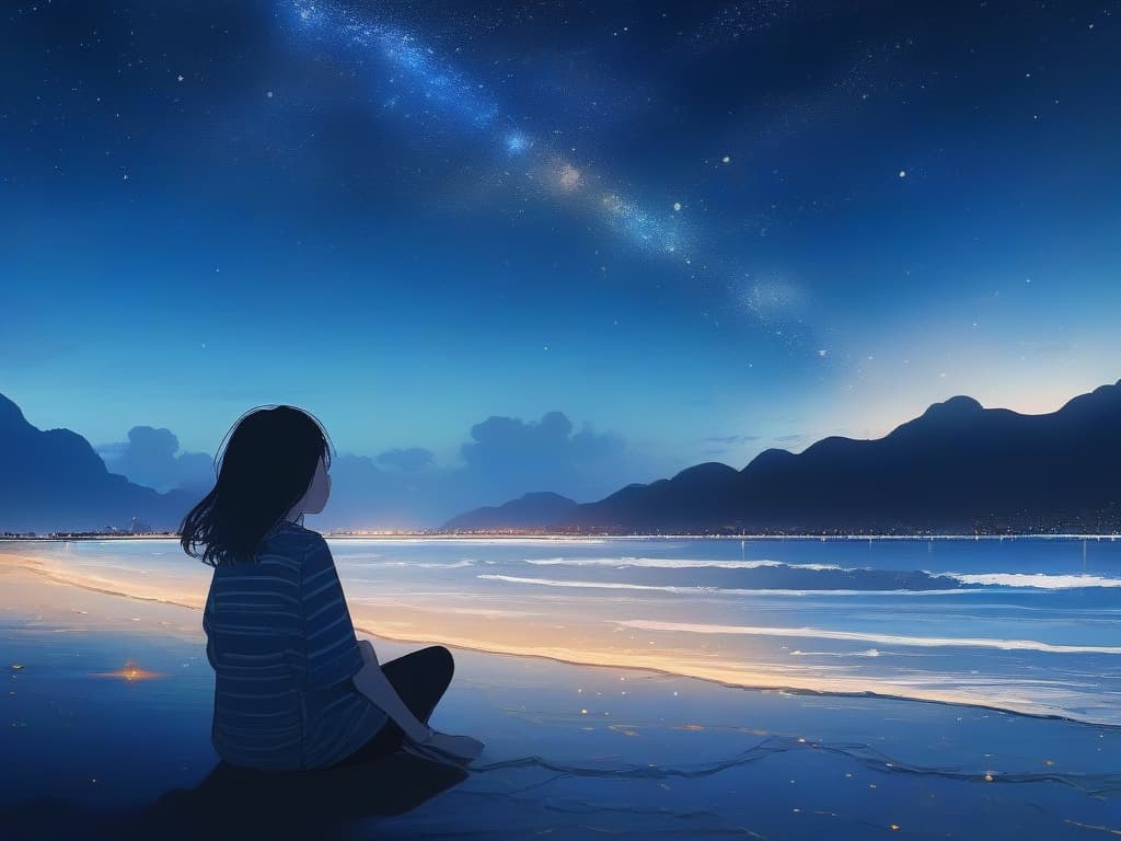  shallow, beach, star, night, girl, sitting,