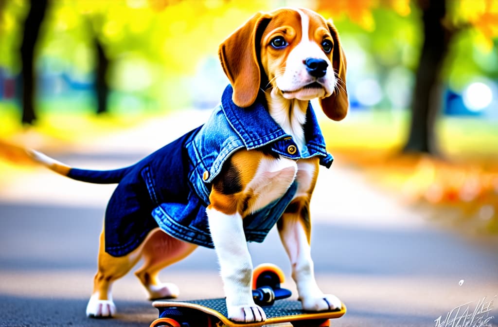  artwork a beagle puppy stands on four legs on a skateboard on an asphalt path in an autumn park in a denim sleeveless jacket , watercolor techniques, featuring fluid colors, subtle gradients, transparency associated with watercolor art