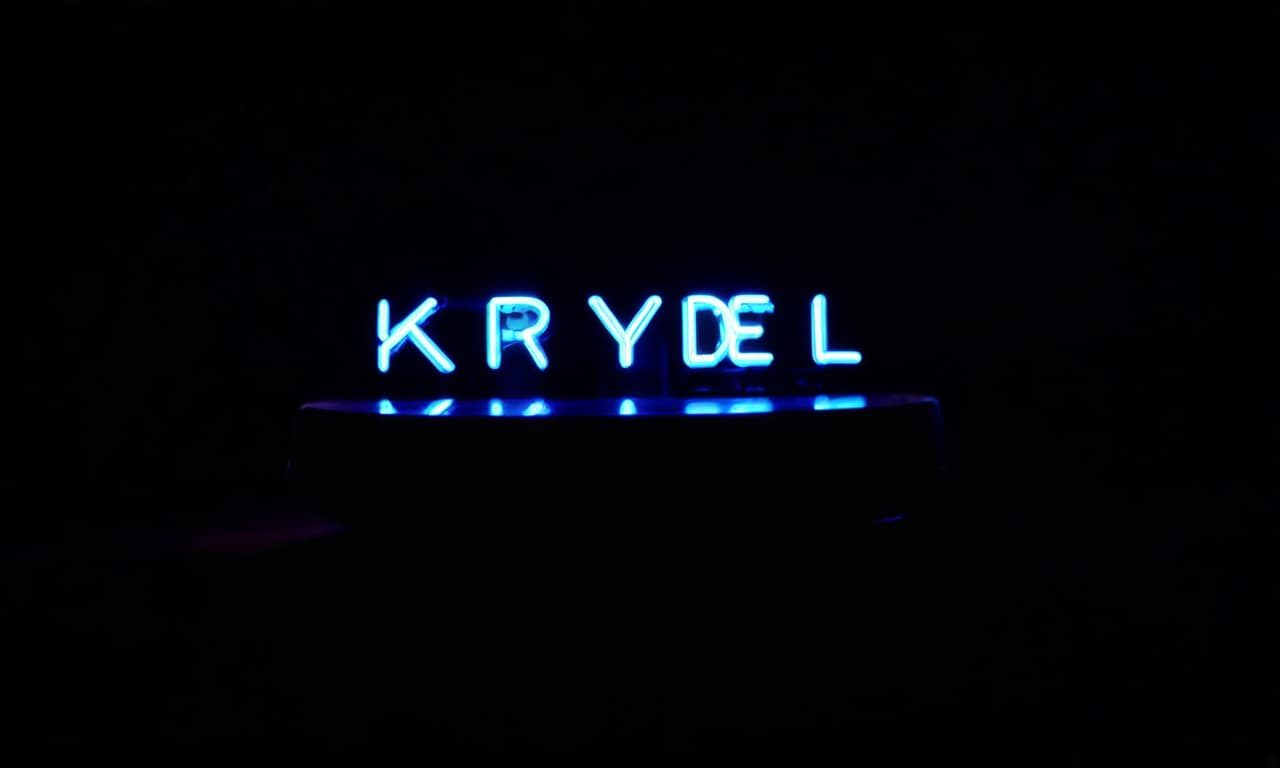  cinematic film still neon inscription "krydell." the background is dark. around different items from weapons games, cars and money . shallow depth of field, vignette, highly detailed, high budget, bokeh, cinemascope, moody, epic, gorgeous, film grain, grainy