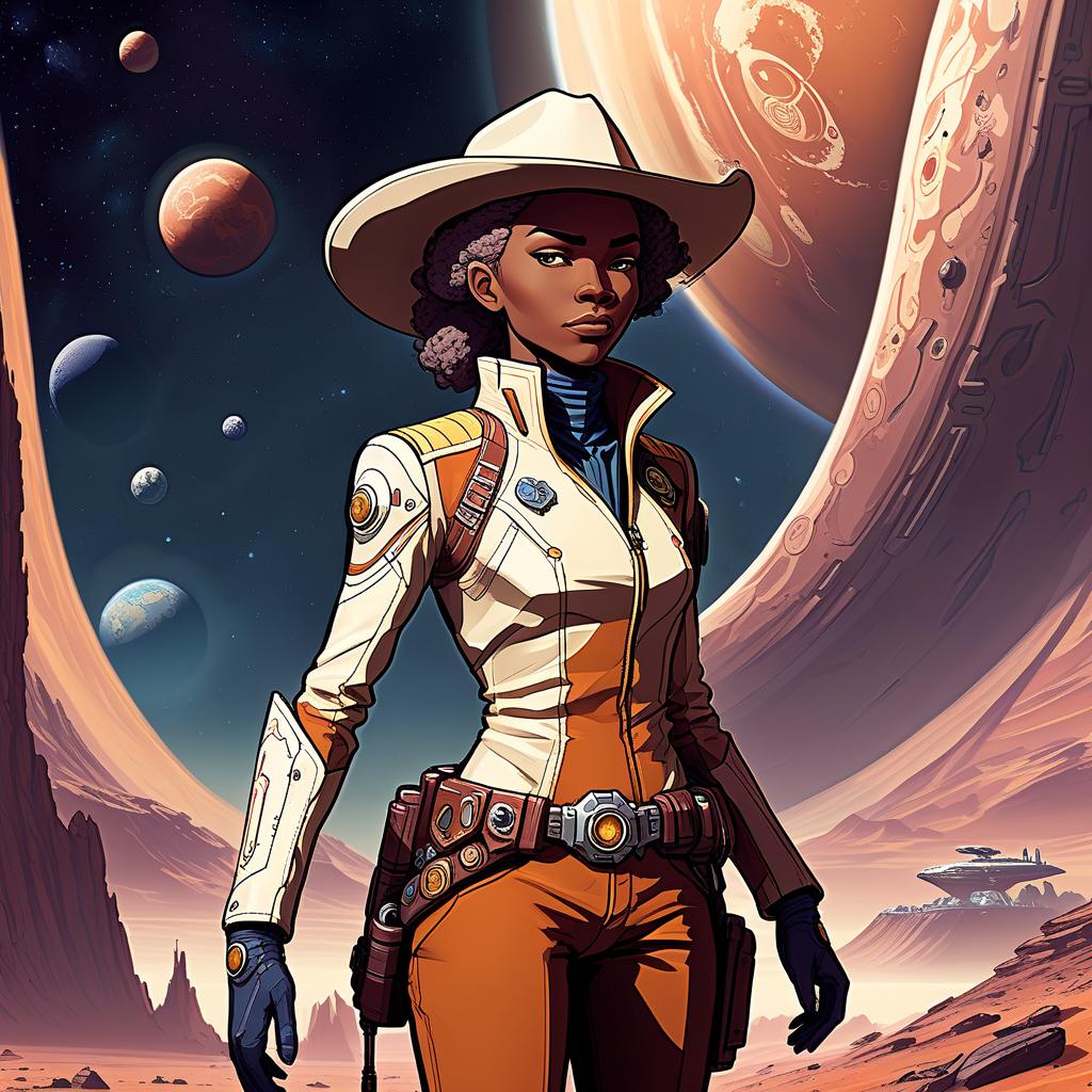  draw a full length adventure character on a distant colonized planet. we need to develop his character and specialization. she's a seasoned space cowboy. what is the main feature?