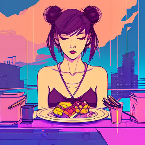 nvinkpunk a beautiful girl goes out and eats sushi, autumn, the day of knowledge, everyone runs around, (surrealism), dreamlike , distorted , abstract , symbolic