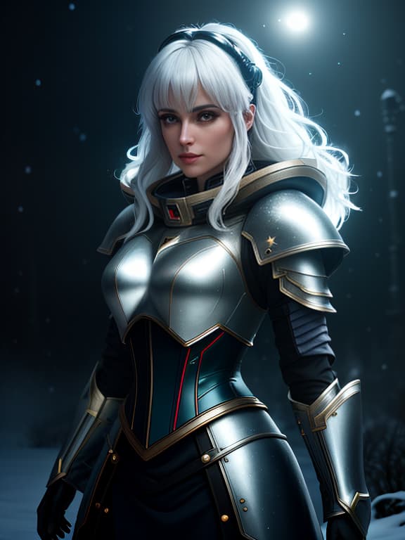  surrealistic image of a space theme, (planets, outer space, stars, twilight, detailed), 1 young , a knight, looking at the viewer, with long hair, snow white hair color, closed armor made of metal, leather corset, metal shoulder pads, made of thin metal plates, parted lips, she is enveloped in an aura of warm neon luminescent light, (extremely detailed oil painting:1.2), glow effects, godrays, hand drawn, render, 8k, octane render, cinema 4d, blender, dark, atmospheric 4k ultra detailed, cinematic sensual, sharp focus, humorous ilration, big depth of field, masterpiece, colors, 3d octane render, 4k, concept art, trending on artstation, hyperrealistic, vivid colors, extremely detailed cg unity 8k wallpaper, trending on ar hyperrealistic, full body, detailed clothing, highly detailed, cinematic lighting, stunningly beautiful, intricate, sharp focus, f/1. 8, 85mm, (centered image composition), (professionally color graded), ((bright soft diffused light)), volumetric fog, trending on instagram, trending on tumblr, HDR 4K, 8K