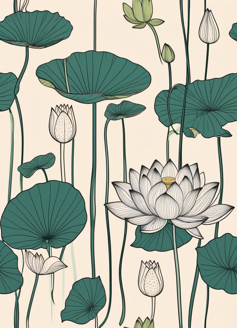  minimalism, the images features individual lotus flowers and leaves, each illustrated with fine detail, highlighting their unique textures and curvature. the flowers and leaves vary. each plant carries its own distinct form, emphasizing their organic and fluid shapes., abstract, simple geometic shapes, hard edges, sleek contours, minimalism