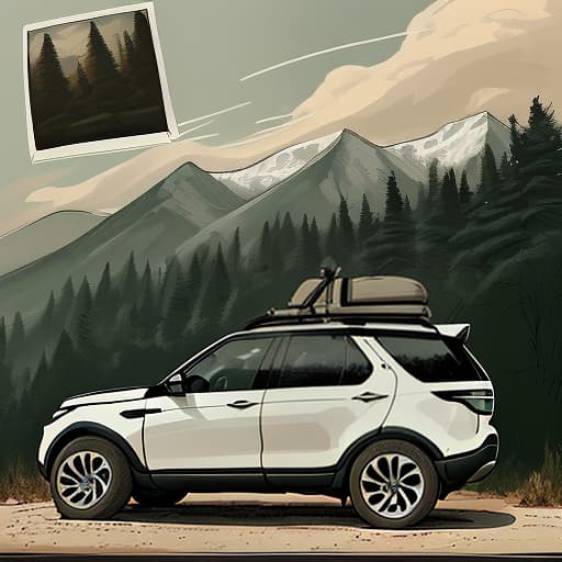  drawing on the wall with the image of a dense forest with mountains in the background, in front of the car lend rover discovery 1 and next to a burning fire with nearby hiking backpacks, realistic, conventional, literal