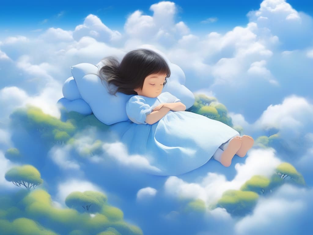  blue sky, on the clouds, one little girl, sleeping, cloud beds, fluffy, mokomoko