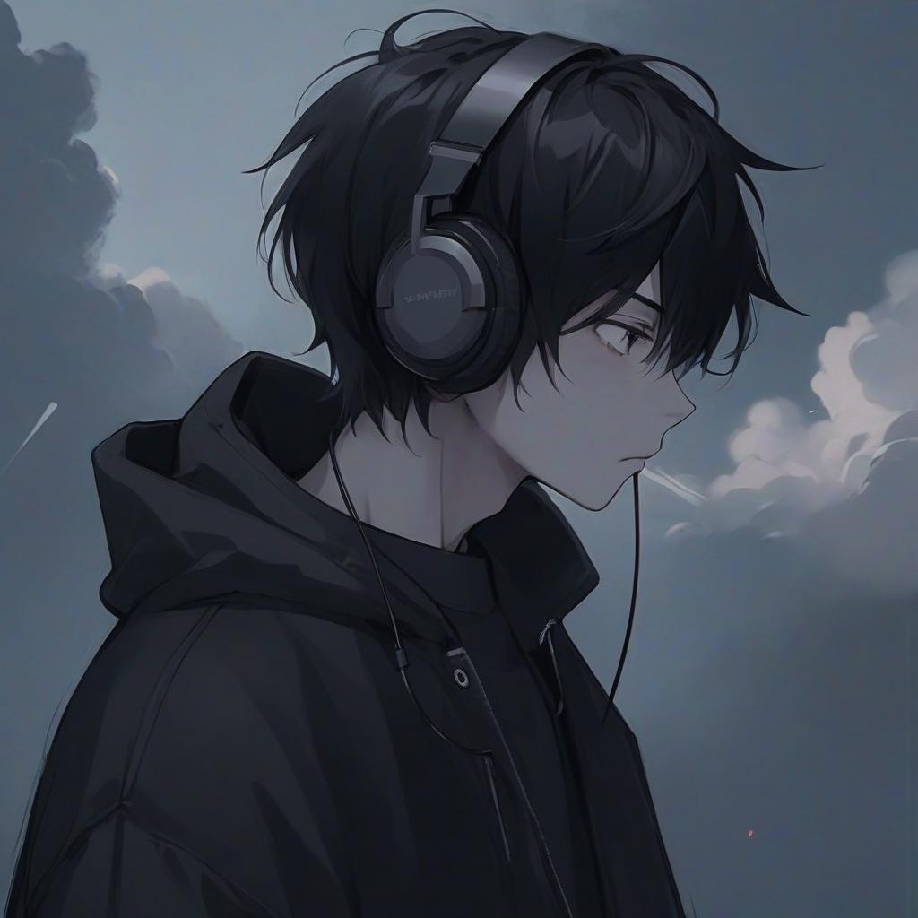  a man with headphones, anime drawing inspired by yamagata hiro, trending on pixiv, serial art, a handsome man with short black hair looking at a clear sky, in baggy clothes, discord profile photo