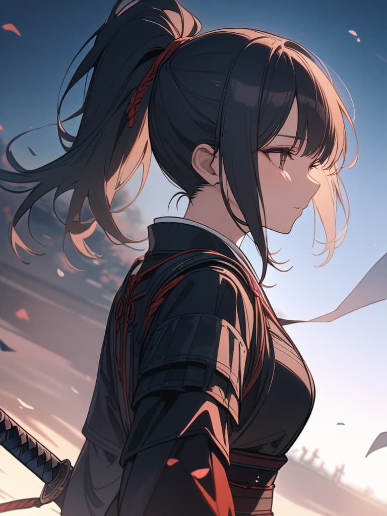  cool, sword, ponytail, black hair, wind blowing, female samurai, samurai, masterpiece, best quality,8k,ultra detailed,high resolution,an extremely delicate and beautiful,hyper detail