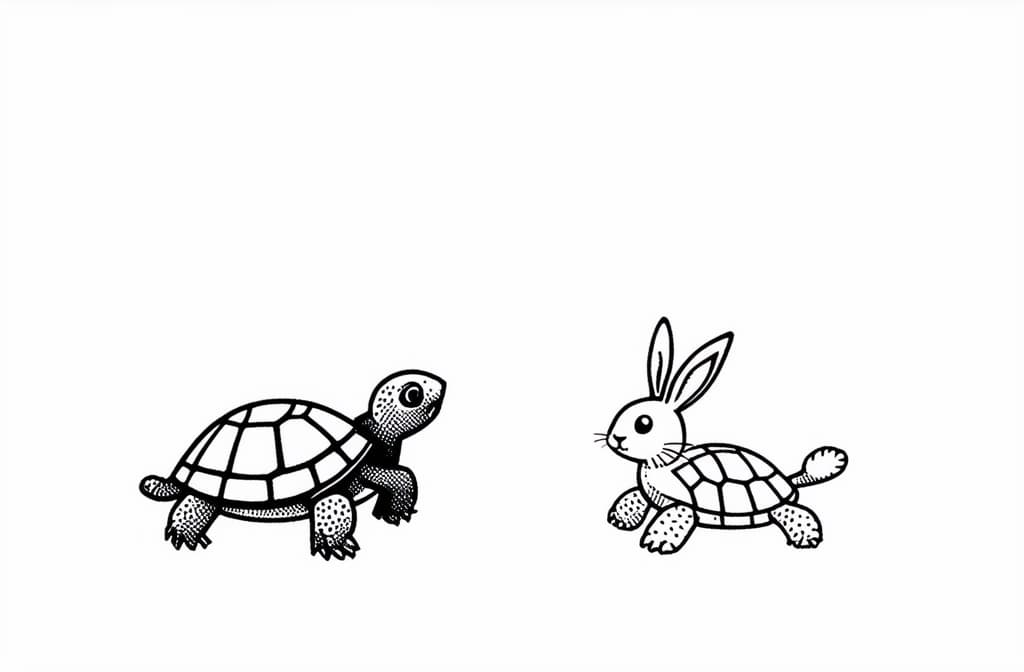  contour, very simple image in one unbroken black ink line, single line of turtle racing versus bunny ar 3:2 using a single continuous black line ink brushon white background, drawing should be created without lifting the pen, recognizable features of turtle racing versus bunny ar 3:2 in one unbroken line