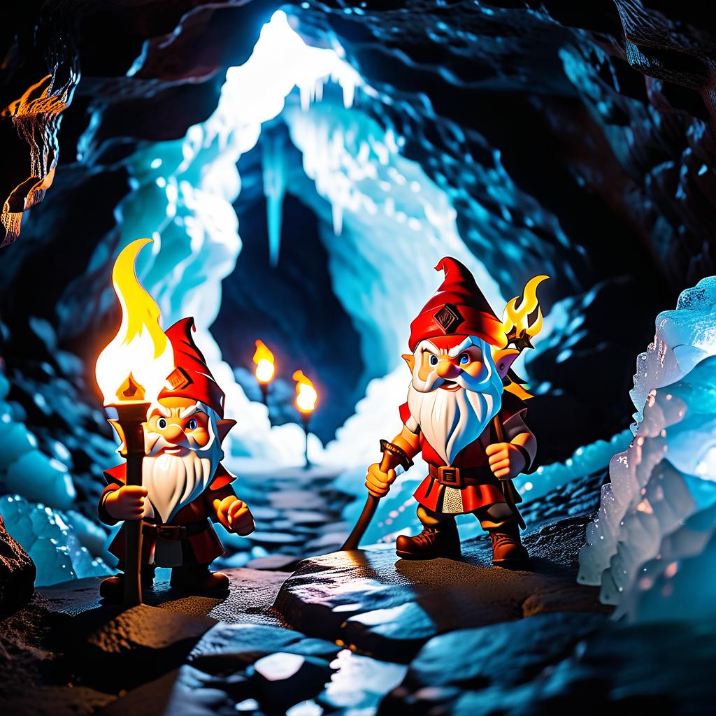  cinematic photo digital photo. an ice cave lit by torches. two figures. a bald gnome of strong build and a man of small stature with sharp ears and a cunning look with hair collected in a bundle in fear flee from an evil dragon of silver color with a mad expression of the face. . 35mm photograph, film, bokeh, professional, 4k, highly detailed, civitai, glowneon