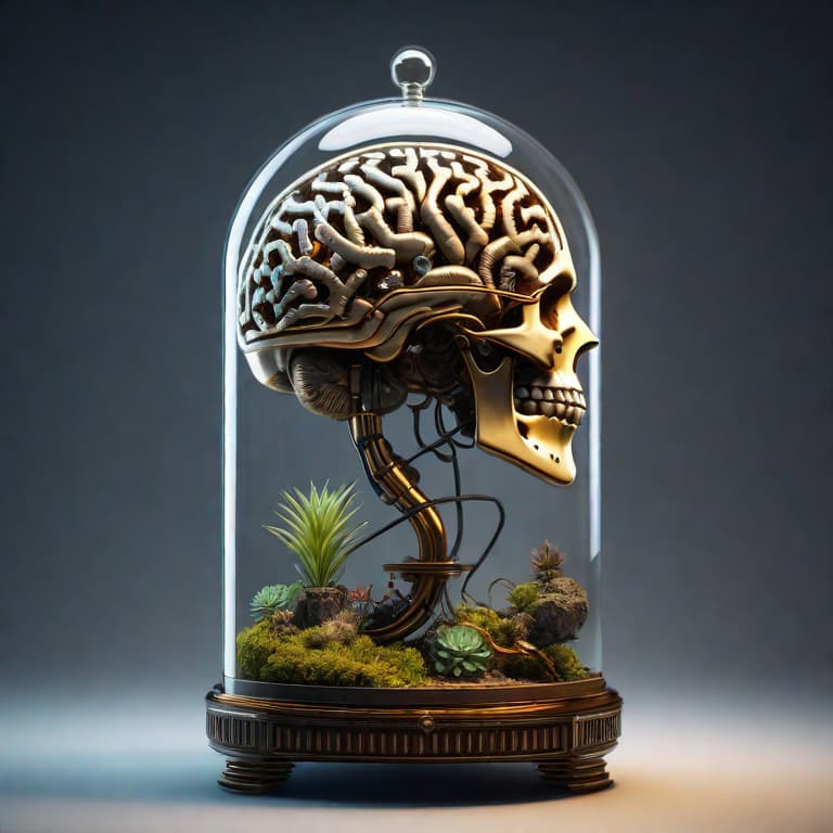  3D render of a sci fi baroque concept design of anatomically correct brain device with terrarium, steampunk, intricate details, scientific, hyper detailed, photorealistic hyperrealistic, full body, detailed clothing, highly detailed, cinematic lighting, stunningly beautiful, intricate, sharp focus, f/1. 8, 85mm, (centered image composition), (professionally color graded), ((bright soft diffused light)), volumetric fog, trending on instagram, trending on tumblr, HDR 4K, 8K