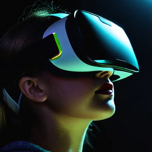  A girl wearing VR glasses in a dark environment.