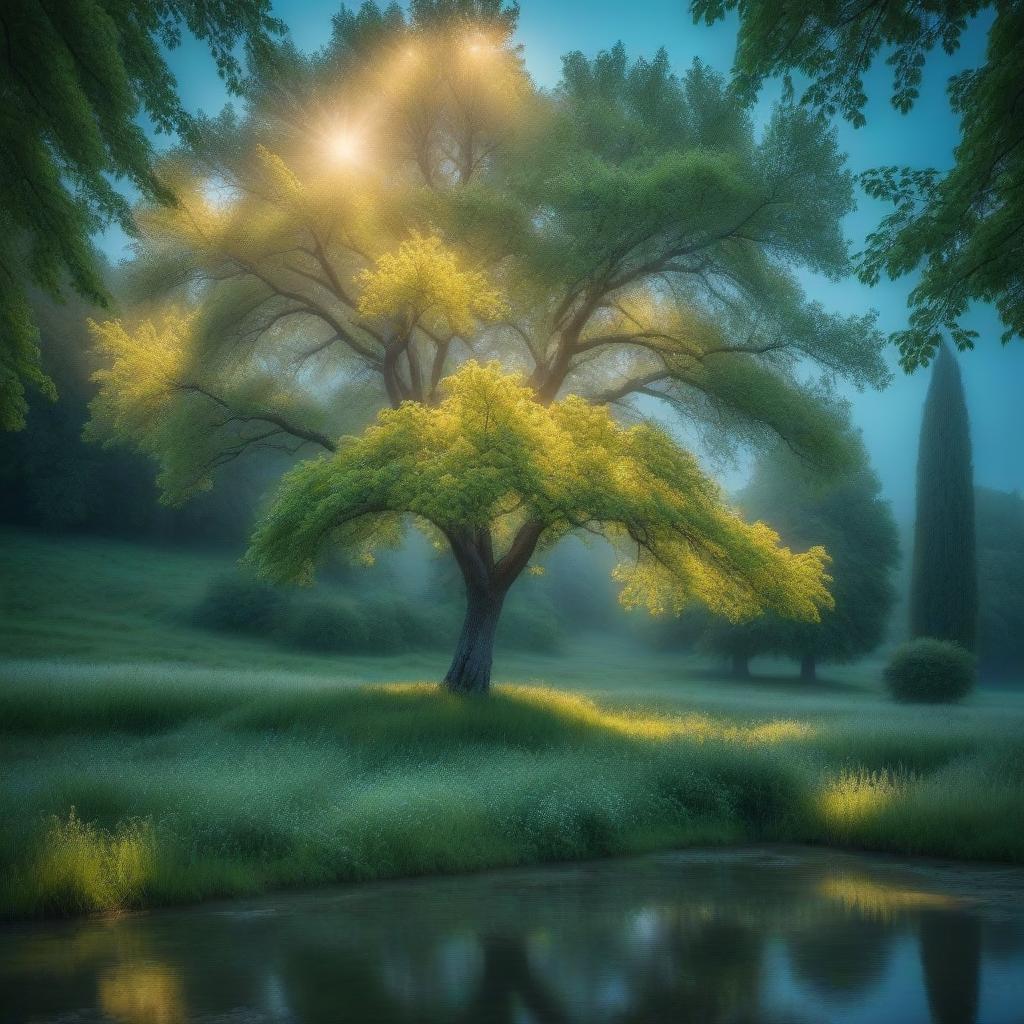  A lime tree in a summer meadow hyperrealistic, full body, detailed clothing, highly detailed, cinematic lighting, stunningly beautiful, intricate, sharp focus, f/1. 8, 85mm, (centered image composition), (professionally color graded), ((bright soft diffused light)), volumetric fog, trending on instagram, trending on tumblr, HDR 4K, 8K