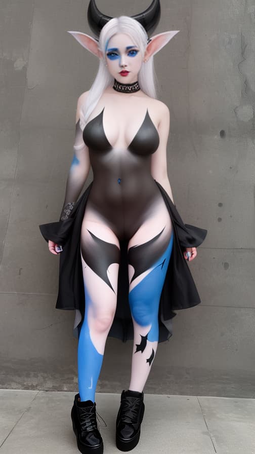  Black and blue bat-shaped body paint in every corner of the whole body, White body paint all over the body, grey face paint on the face, elf,full body image female