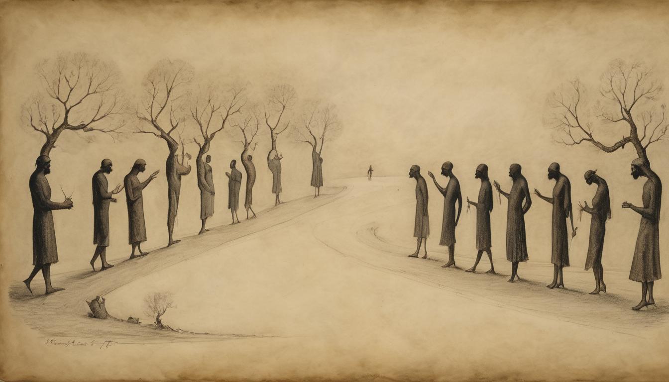  on parchment, surrealism++, figure turning away from a group in shadows, walking towards a glowing path, sense of determination and decisiveness, aura of necessary isolation, past fading into obscurity(mysterious, provocative, symbolic)++