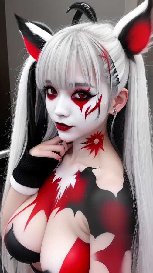  White and red flame pattern body paint in every corner of the whole body, Black body paint full body, grey face paint on the face, two succubus, full body image 女性