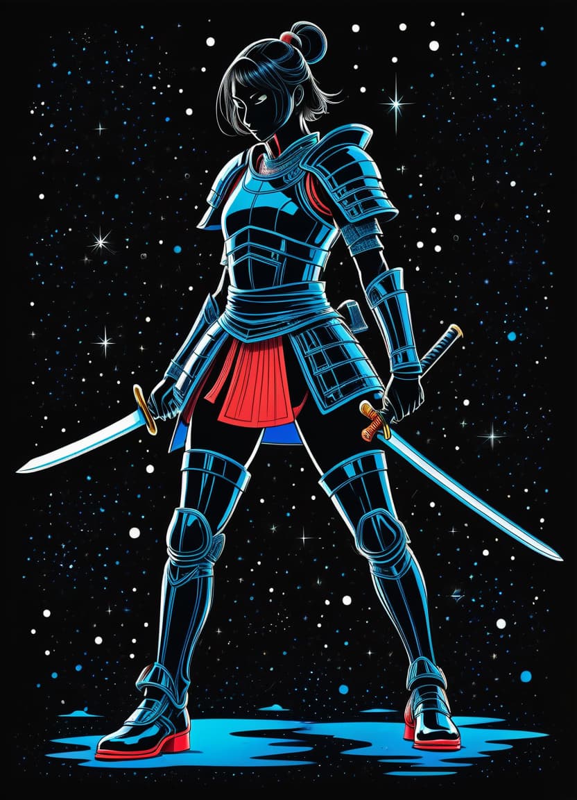  a humorous illustration. bright colors, cartoon style. on the black background, shiny contours outlines of silhouette of a japanese samurai girl in black samurai armor, in full length, in patent leather black shoes, made of blue star and red comet, frame with intricate thin ornamentation from comet, stars and cosmic dust: (thin: 1,4) lines ,