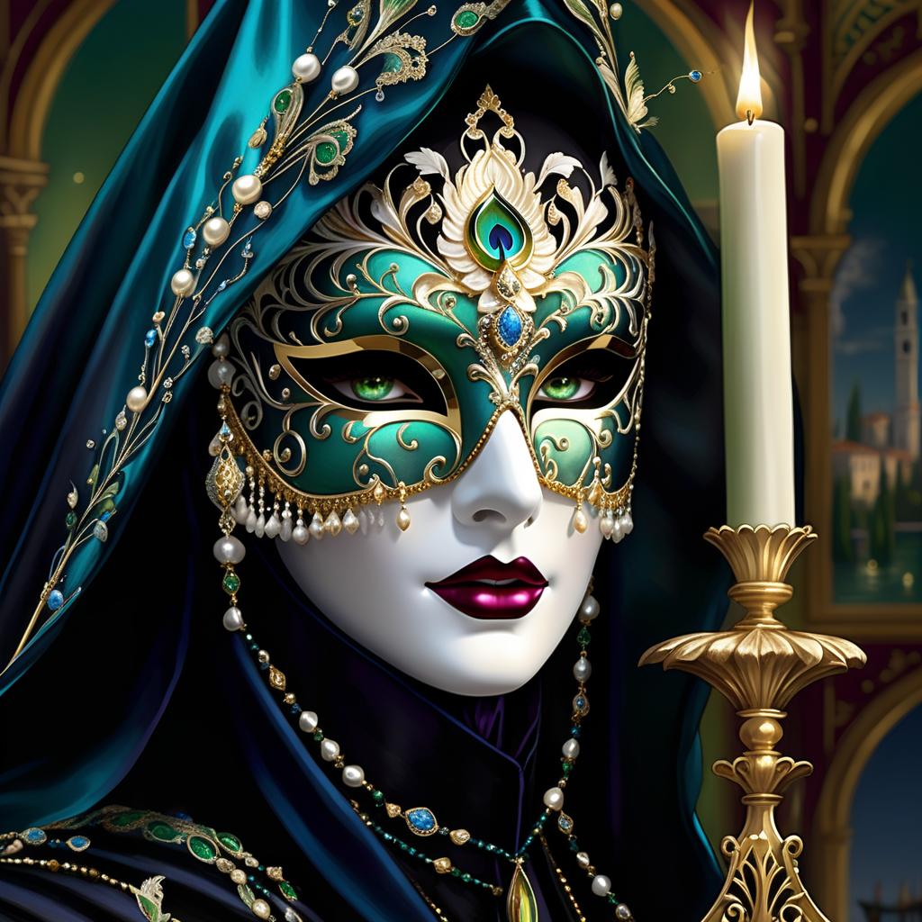  dreamscape (background):black silk cloak, topazes, rubies, emeralds, gold candlestick with white gold flame. ((the eye slits reflect the contours of the palaces and canals of venice1,9)). ((half mask columbine) a mask covering only part of the face. silver mask:with gold patterned ornamentation. colours:light green, blue, pearl cream, peacock feathers, gold and silver beads, gold leaf, gemstones, venetian lace, rhinestones, beads. (style):fantasy, renaissance, dream, mystery, mystery, dream, italy, venice, barcarolle, minestrel. . surreal, ethereal, dreamy, mysterious, fantasy, highly detailed