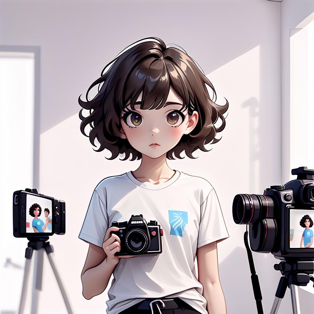  minimalist style in the foreground, an adult girl with short curly dark hair holds a camera in her hands, she is wearing a sports t shirt, white walls in the background, photos weigh on white walls . simple, clean, uncluttered, modern, elegant, sticker